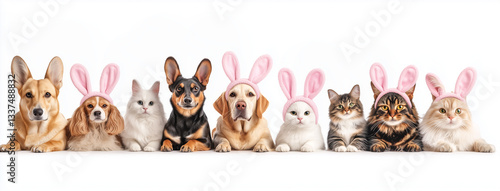 Photorealistic Photo of Dogs and Cats in Bunny Ears – Golden Retrievers, Shih Tzus, and Bengal Cat Peeking Over Edge with Copy Space for Easter – High-Quality Isolated White Background