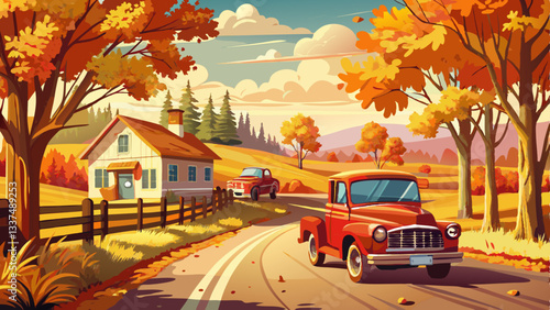 vector of quiet rural road lined with autumn trees, golden leaves covering the ground, and a red vintage pickup truck parked by the side.