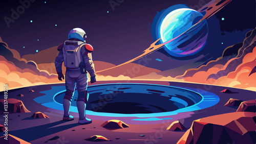 vector of lone astronaut standing on the edge of a massive crater, staring at a distant Earth shining in the blackness of space.