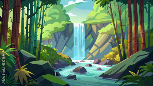 vector of hidden waterfall deep within a bamboo forest, with mist rising from the rushing water and the sound of nature surrounding the scene.