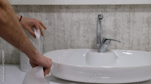 Drying Hands with Paper Towels from Dispenser Next to Bathroom Sink
