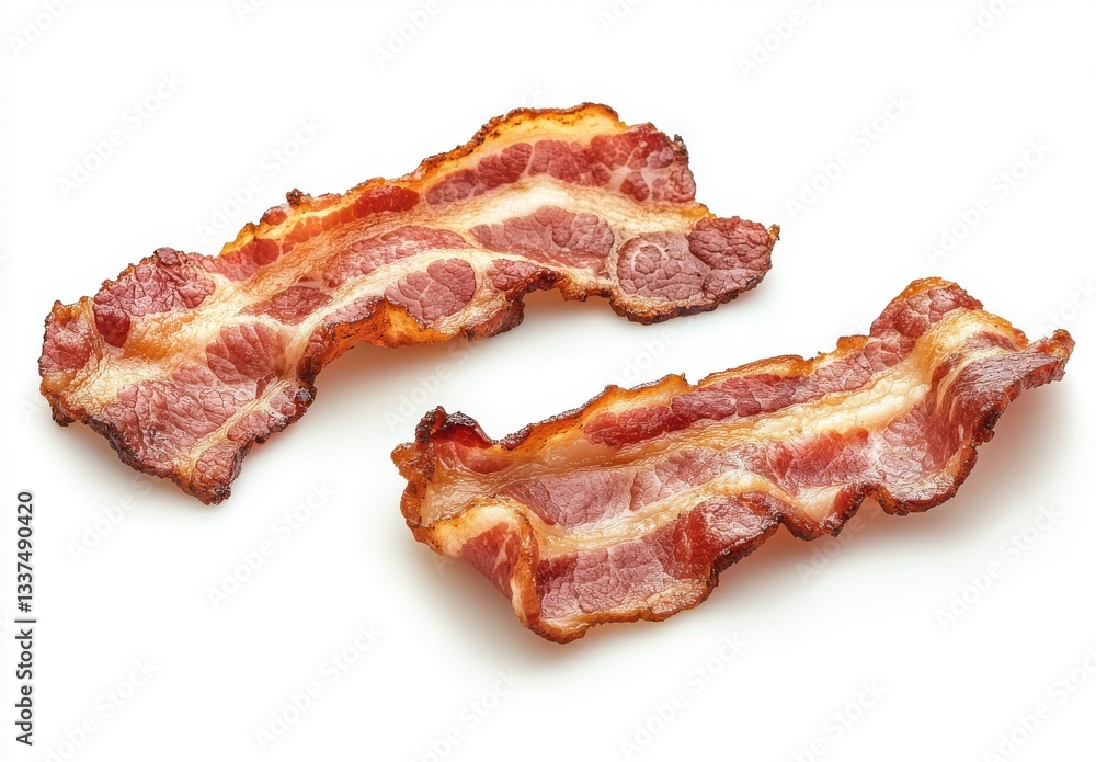 Obraz premium Crispy Cooked Bacon Strips on White Background with Perfectly Rendered Fat and Meat, Ideal for Food Photography and Culinary Presentations