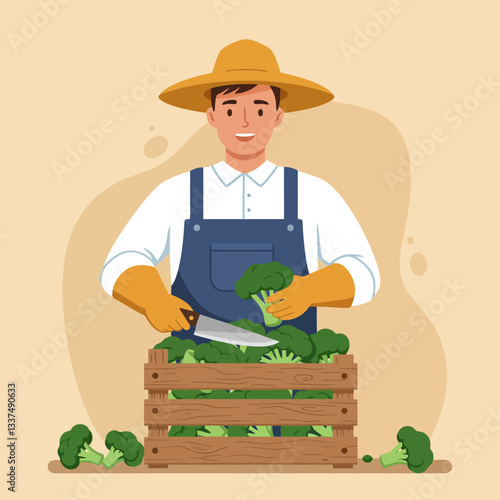 Farmer Cutting Fresh Broccoli From Harvest in Wooden Crate