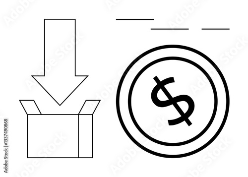 Down arrow pointing into an open box beside a coin with a dollar sign. Ideal for concepts thumbs up savings, investment, budgeting, income, delivery, e-commerce, financial planning. Flat simple