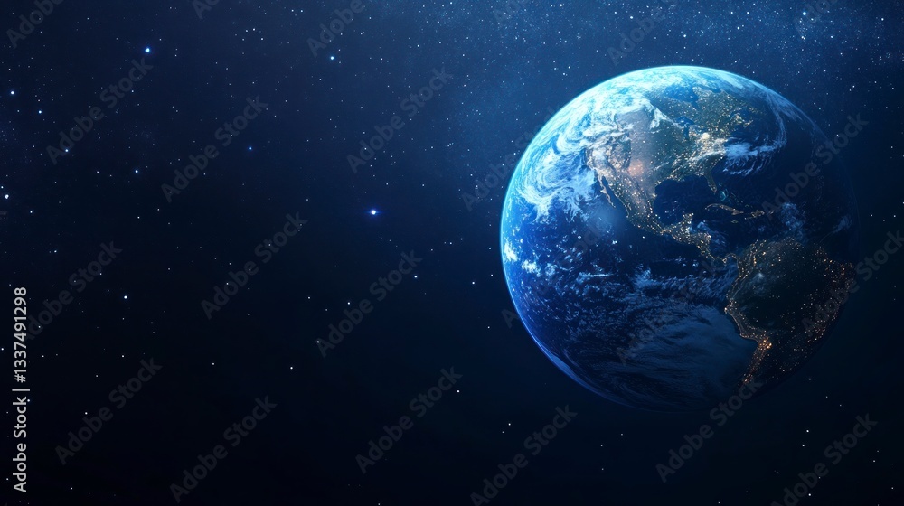 Obraz premium Earth View From Space Showing City Lights and Swirling Clouds