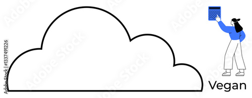 Woman placing a food package into a cloud, symbolizing sustainability, vegan lifestyle, and cloud storage. Ideal for food technology, eco-conscious living, vegan promotion, minimalism, digital