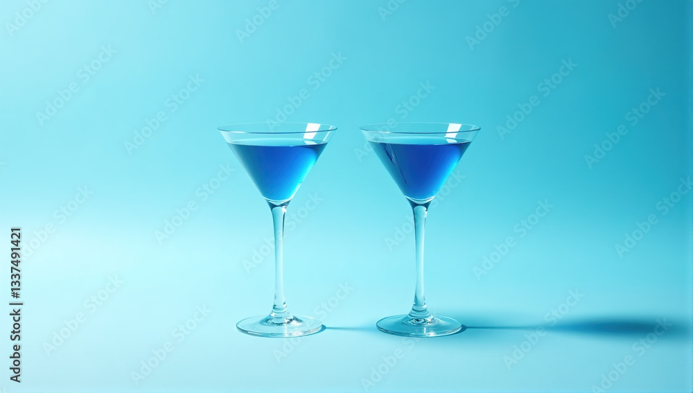 Two martini glasses filled with a vibrant blue cocktail on a light blue background. Perfect for menus, websites, and advertising. Two martini glasses filled with a vibrant blue cocktail on a light blue background. Perfect for menus, websites, and advertising.