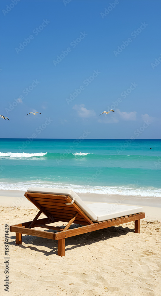 Wooden sun lounger with white cushion on empty sandy beach with view of turquoise ocean waves and seagulls flying against clear blue sky. Tropical paradise vacation concept Wooden sun lounger with white cushion on empty sandy beach with view of turquoise ocean waves and seagulls flying against clear blue sky. Tropical paradise vacation concept