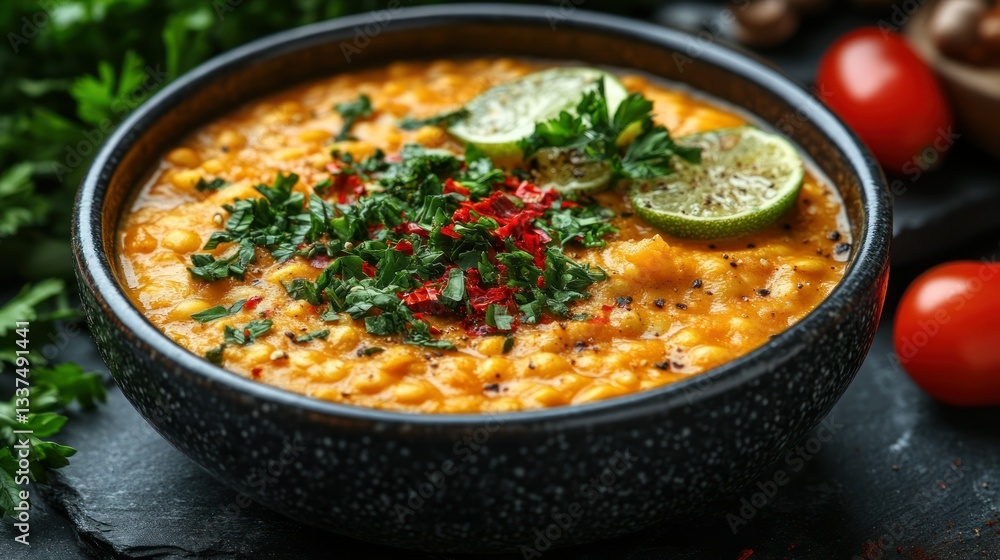 Bowl of lentil soup garnished with lime, parsley, and red pepper flakes Bowl of lentil soup garnished with lime, parsley, and red pepper flakes