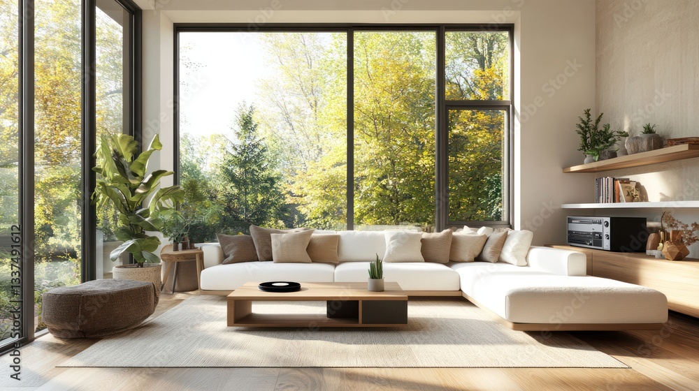 Modern living room with large window, autumn view, sunlight, cozy furniture Modern living room with large window, autumn view, sunlight, cozy furniture