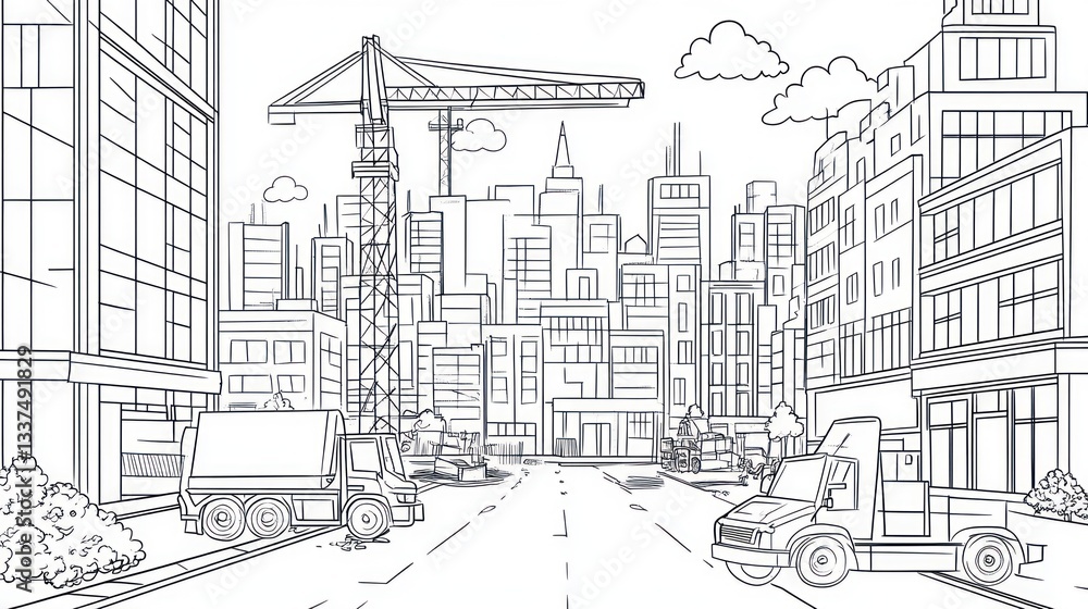 Fototapeta premium Cityscape under construction, urban scene, buildings, vehicles, line art, coloring book, background