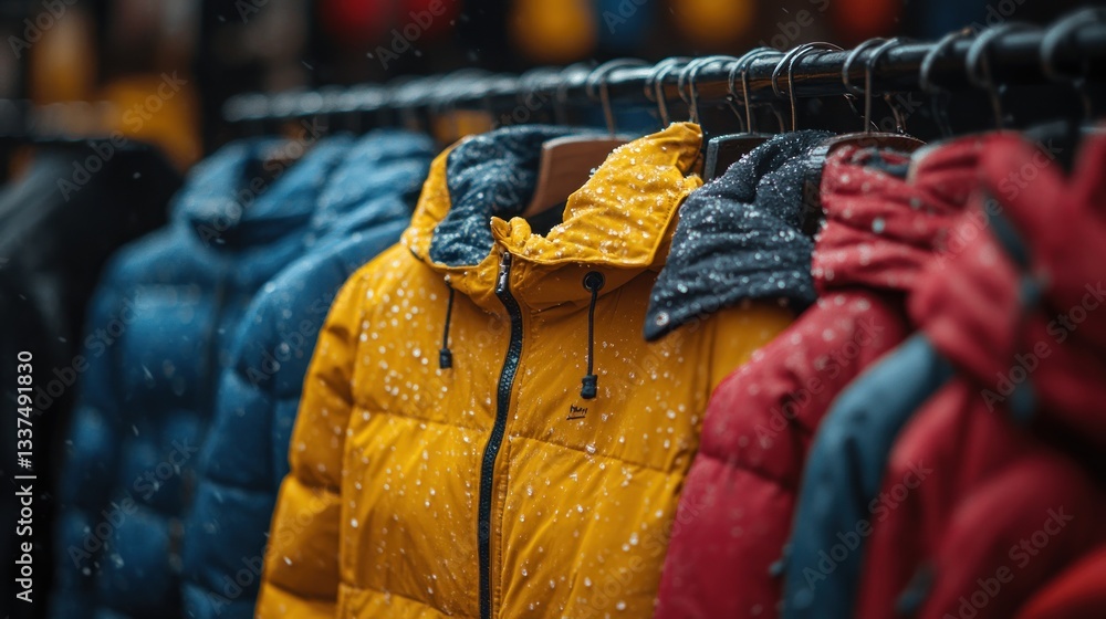 Obraz premium Colorful Winter Jackets Hanging on a Rack