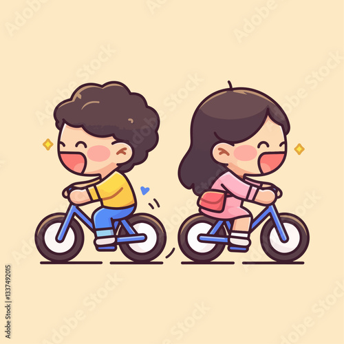 A cheerful boy and girl happily riding bicycles side-by-side on a warm, light-colored background.