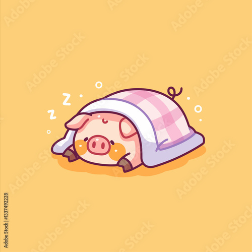 A cute, cartoon piglet is sleeping peacefully under a pink checkered blanket with Z's floating around its head.