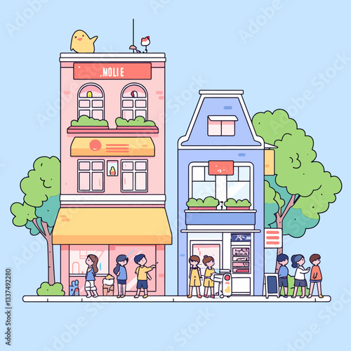 Charming cartoon illustration of a street scene with two colorful buildings and people interacting outside.