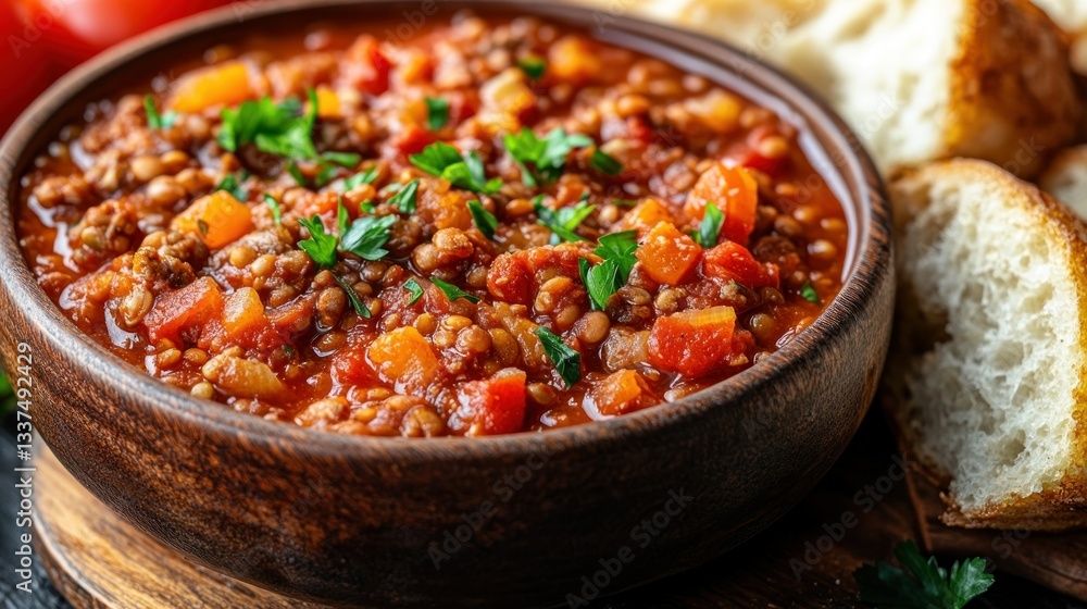 Bowl of rich stew with lentils, vegetables, and bread on the side, garnished with parsley Bowl of rich stew with lentils, vegetables, and bread on the side, garnished with parsley