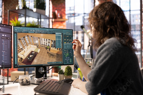 Home design professional uses architectural software to develop a floor plan, digital tool offers an intuitive interface for rendering apartment interiors with precise furniture placement.