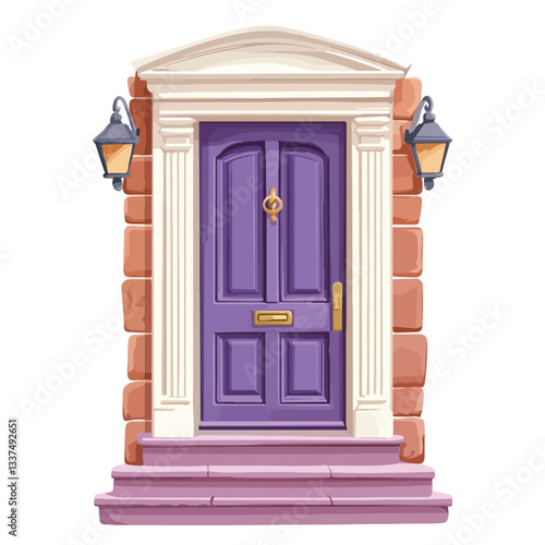 Vintage Front Door with Stone Frame in Old Building Facade