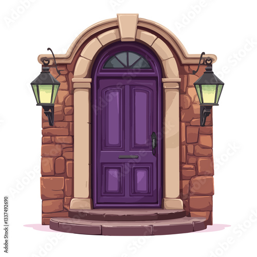 Vintage Front Door with Stone Frame in Old Building Facade
