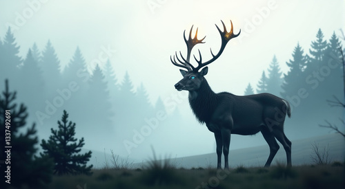 Majestic dark stag with glowing antlers in a foggy forest. Fantasy wildlife scene, ideal for fantasy or nature themed projects.