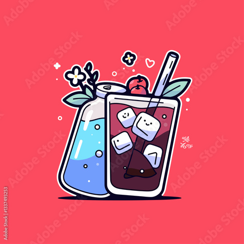 Cute cartoon illustration of two refreshing drinks, one blue in a bottle and another dark red with ice and a cherry in a glass, on a vibrant red background.