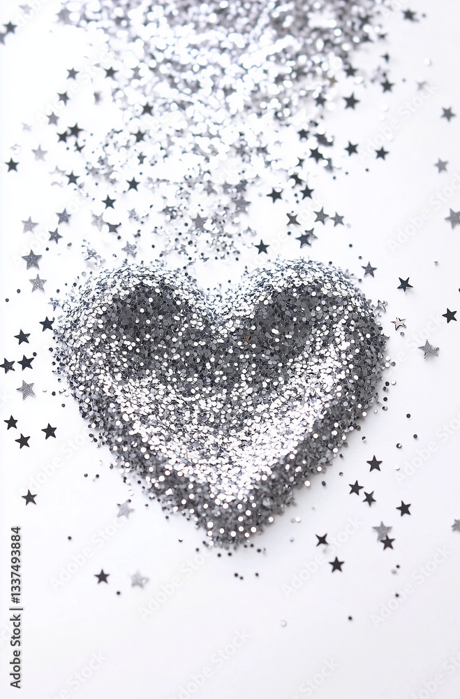Silver Glitter Heart Magic - Sparkling Pour with Star Accents on White, Festive Holiday & Romantic Celebration Background Silver Glitter Heart Magic - Sparkling Pour with Star Accents on White, Festive Holiday & Romantic Celebration Background