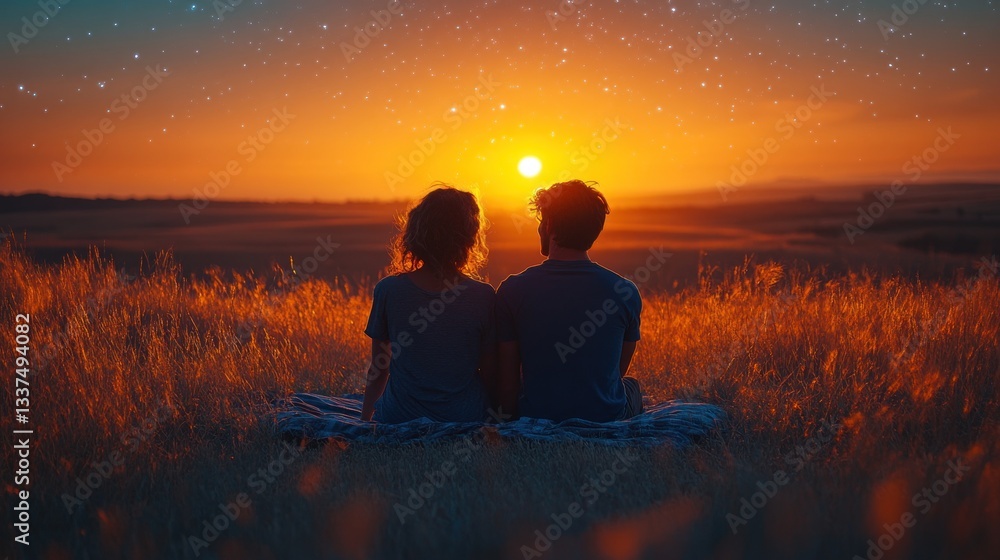 Sunset Romance: A Couple Silhouetted Against a Vibrant Sky Sunset Romance: A Couple Silhouetted Against a Vibrant Sky