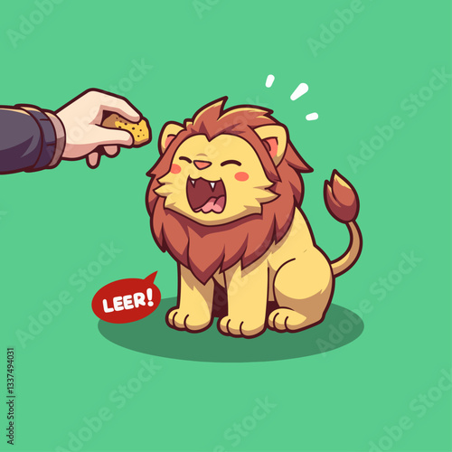 A cute, cartoon-style lion cub with a fluffy mane is happily sitting and opening its mouth wide, anticipating a treat being offered by a human hand.