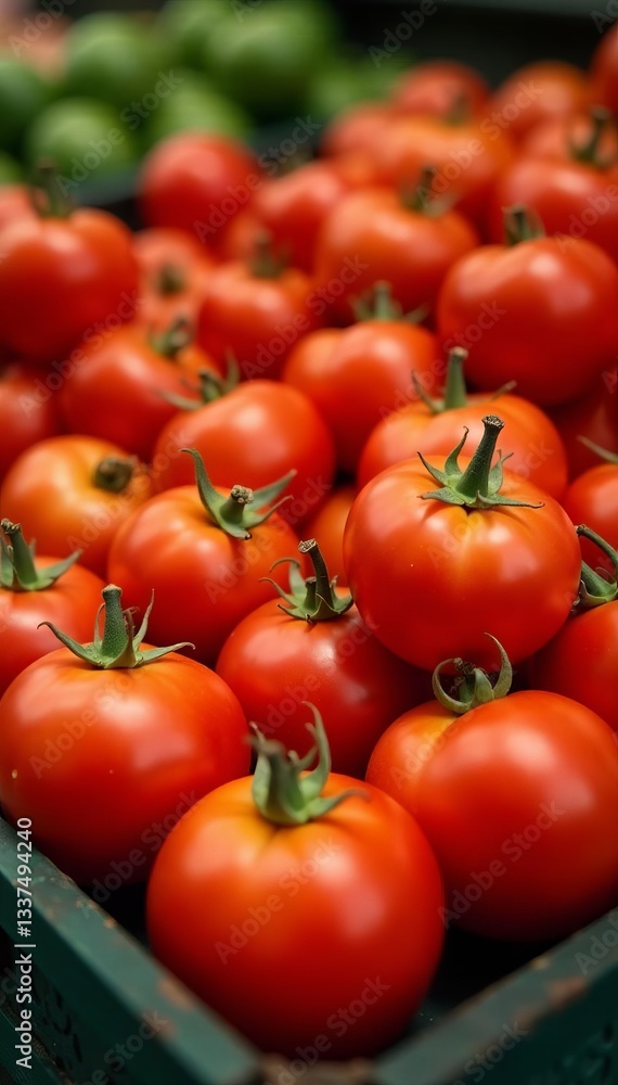 Close up of ripe tomatoes freshly picked and ready for sale at market stall, vibrant, juicy Close up of ripe tomatoes freshly picked and ready for sale at market stall, vibrant, juicy