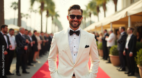 Stylish man in white tuxedo smiling on a red carpet, surrounded by other people in formal attire. Outdoor daytime event.