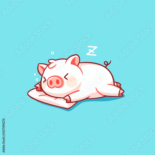 A cute, sleepy cartoon piglet rests peacefully on a pink pillow.