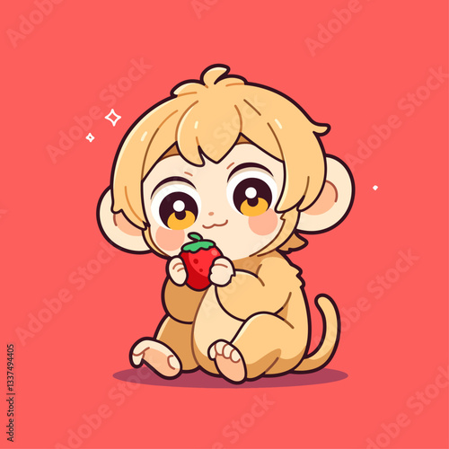 Adorable chibi monkey character happily eating a fresh red strawberry on a vibrant red background.
