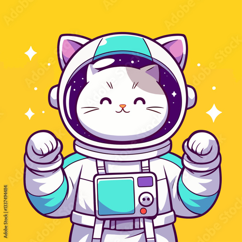 A cute cartoon white cat astronaut smiling in a space suit against a bright yellow background with sparkles.