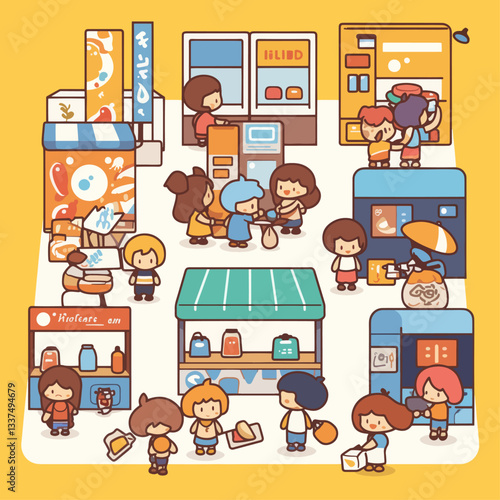 A bustling and colorful cartoon market scene with many people shopping and interacting at various stalls and shops.