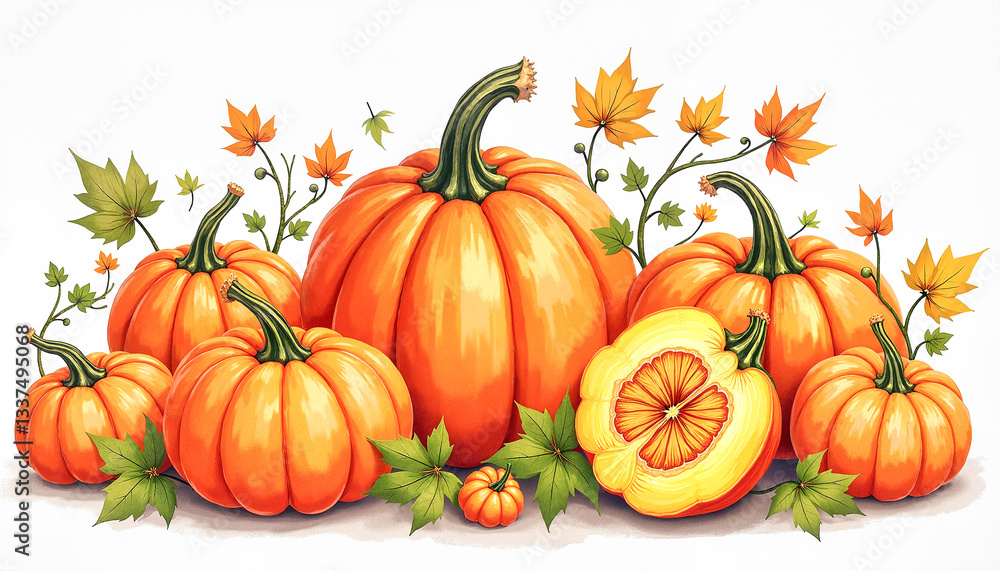Illustration of various pumpkins in different shapes and sizes, surrounded by autumn leaves and green vines, autumn harvest concept. Illustration of various pumpkins in different shapes and sizes, surrounded by autumn leaves and green vines, autumn harvest concept.