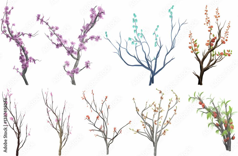Fototapeta premium Collection of artistic tree branches in various states of bloom showcasing springtime beauty in a vibrant display