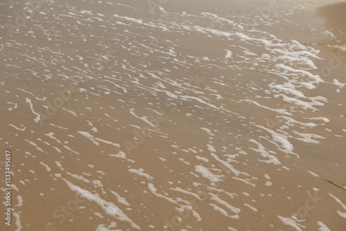 Obraz na płótnie acqua di mare schiumosa che bagna la sabbia sulla riva w salonie