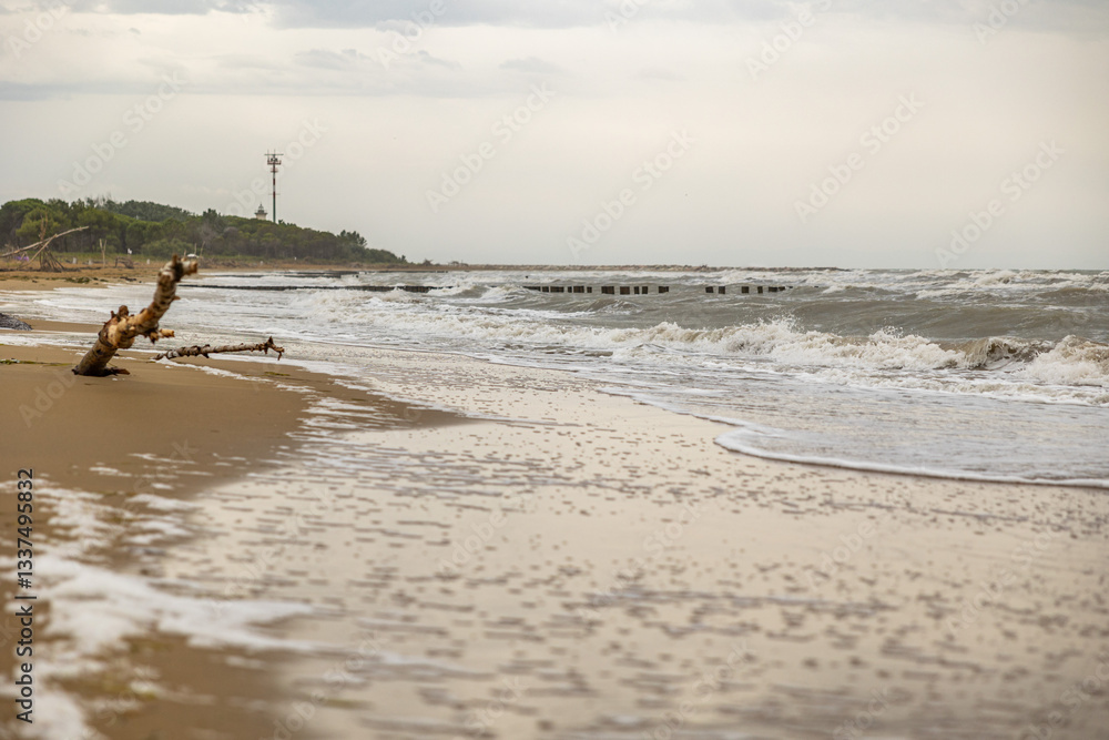 dettaglio in prospettiva con vista verso l'orizzonte su un tratto di spiaggia sul mare Adriatico lungo la costa del Veneto, in Italia, con mare mosso, dopo un temporale