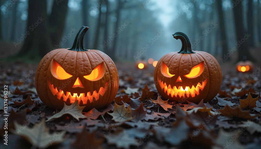 Eerie jack-o'-lanterns glowing in foggy forest with fallen leaves, capturing the haunting spirit of Halloween. Eerie jack-o'-lanterns glowing in foggy forest with fallen leaves, capturing the haunting spirit of Halloween.