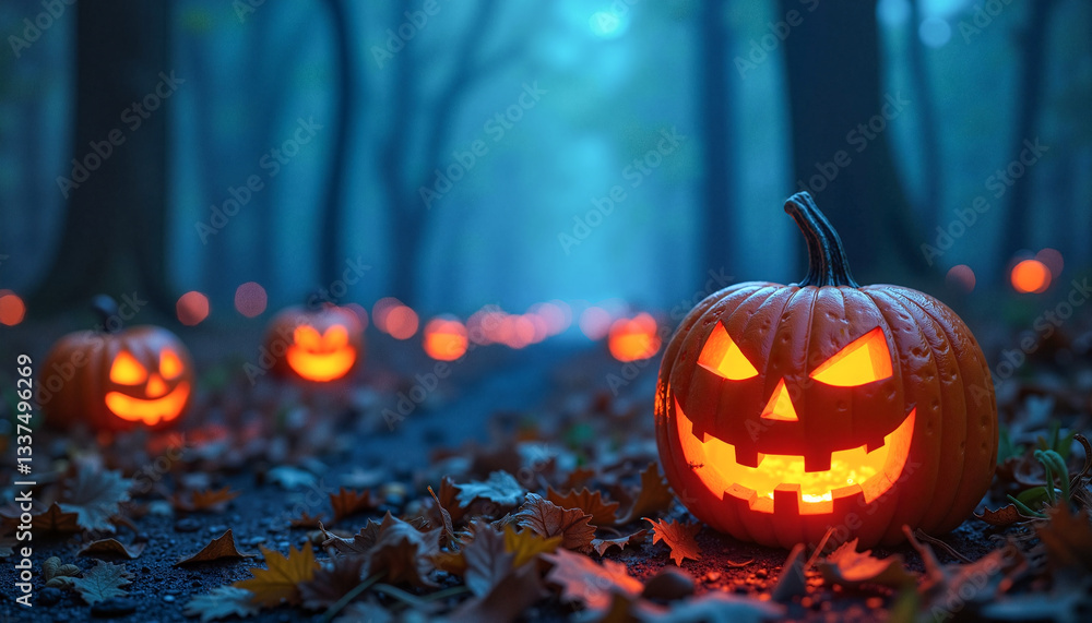 Glowing jack-o’-lanterns illuminating a misty forest floor, creating a mystical Halloween atmosphere. Glowing jack-o’-lanterns illuminating a misty forest floor, creating a mystical Halloween atmosphere.