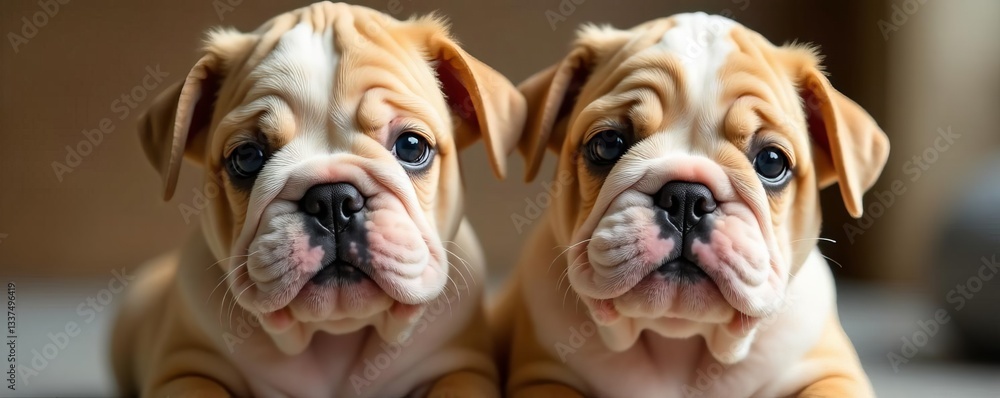 Obraz premium Close-up of two playful bulldog puppies with wrinkled faces and floppy ears, adorable, wrinkled