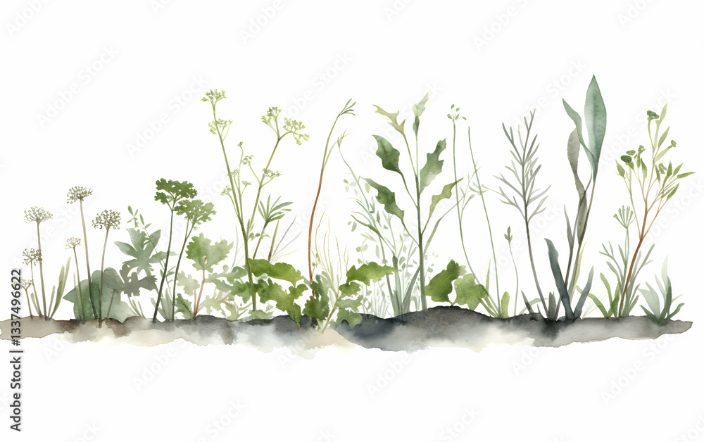 Fototapeta premium Nature-inspired watercolor artwork featuring various plants and herbs in a serene garden setting during daytime