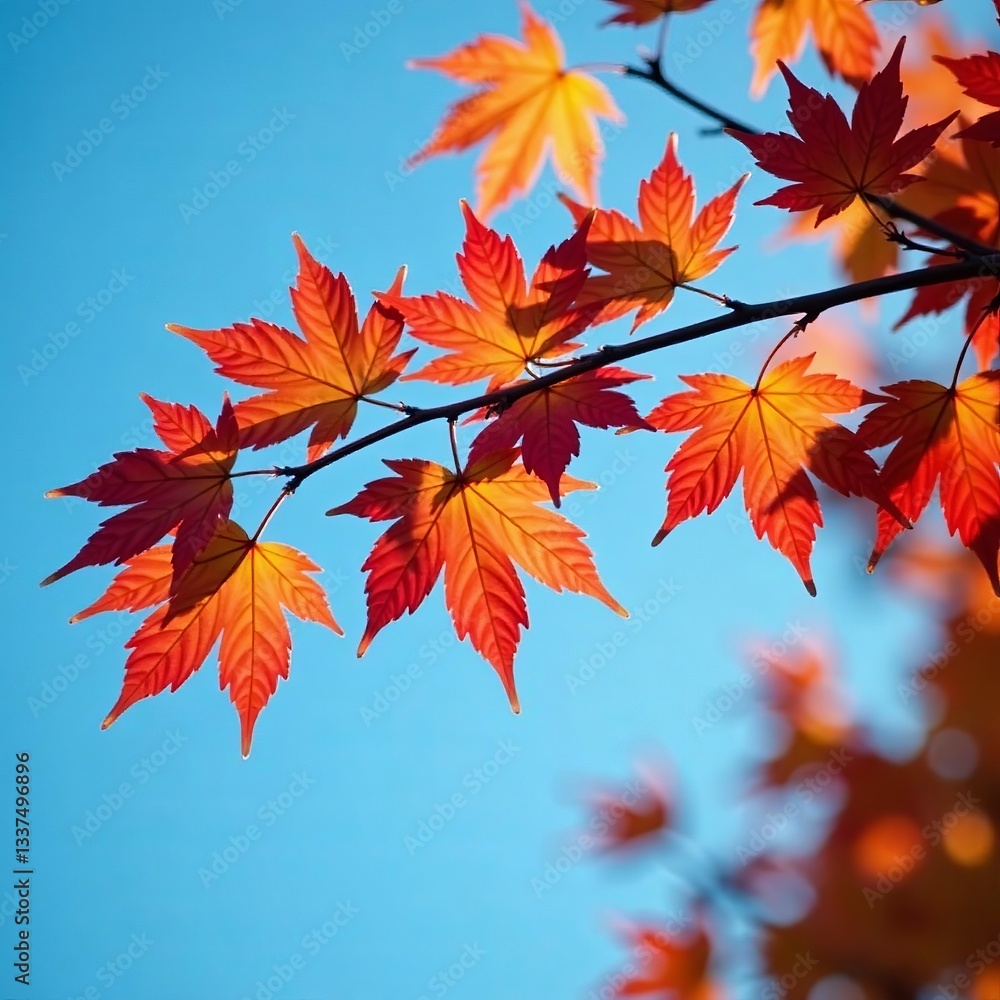 Close-up of vibrant autumn maple leaves branch against blue sky, blue sky, autumn Close-up of vibrant autumn maple leaves branch against blue sky, blue sky, autumn