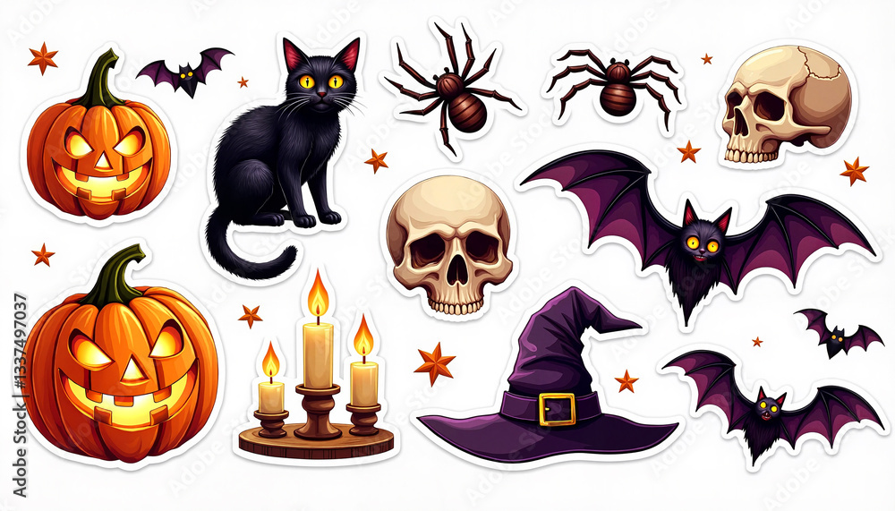 Fototapeta premium Sticker with detailed Halloween elements including jack-o’-lanterns, black cat, spiders, and skulls, vibrant spooky design concept