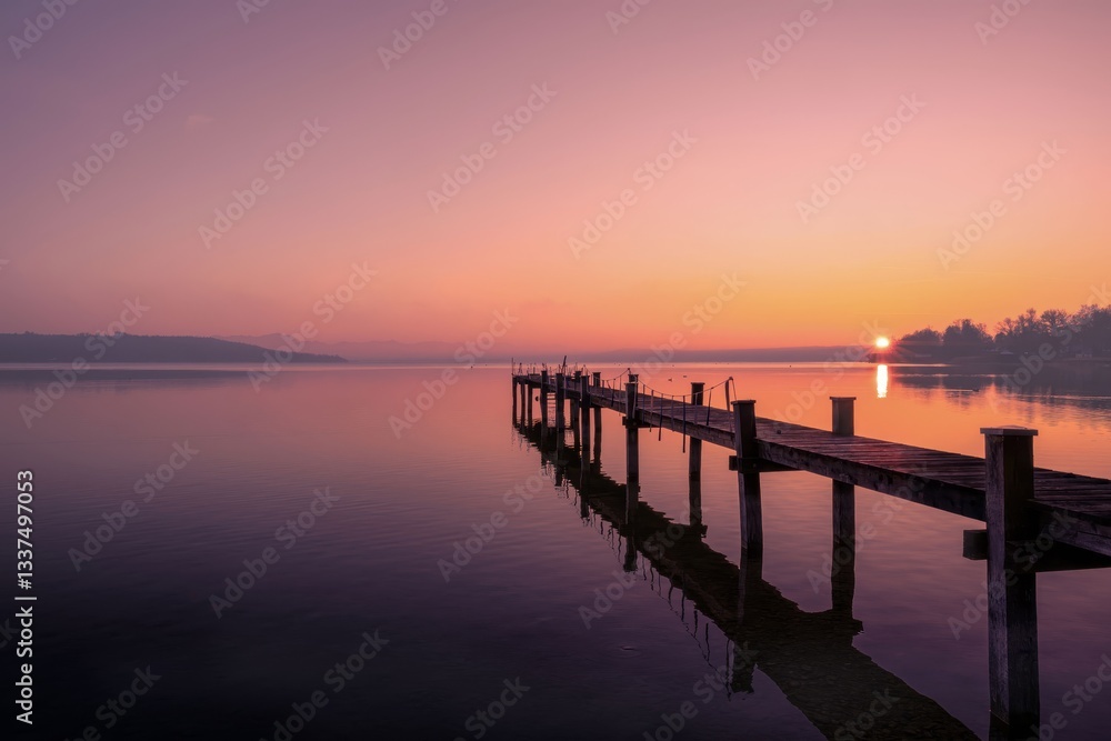 A photograph taken from a distance about a serene sunset over a calm lake with a wooden pier extending into the distance. the sky is a gradient of orange and purple hues, with the sun A photograph taken from a distance about a serene sunset over a calm lake with a wooden pier extending into the distance. the sky is a gradient of orange and purple hues, with the sun