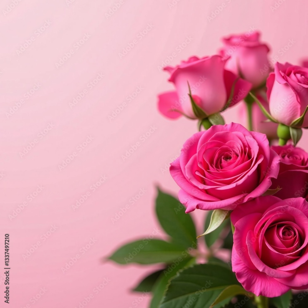 Close up of vibrant pink roses against a pale pink backdrop, Valentine's Day, spring Close up of vibrant pink roses against a pale pink backdrop, Valentine's Day, spring