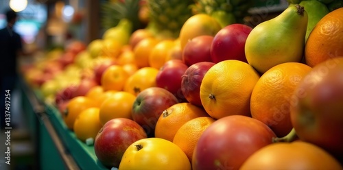 Fototapeta Naklejka Na Ścianę i Meble -  Close-up of vibrant tropical fruits on display at Asian market, tropical, fruit
