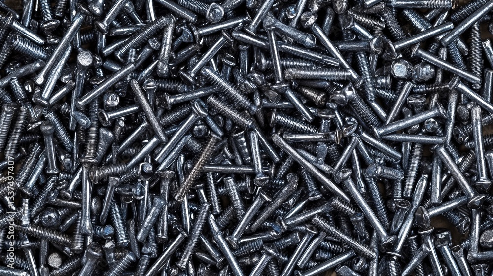 A collection of mixed screws and nails forming an industrial background. Home improvement essentials, bolts and nuts, with a close-up view of various screws. background use, top-down perspective A collection of mixed screws and nails forming an industrial background. Home improvement essentials, bolts and nuts, with a close-up view of various screws. background use, top-down perspective