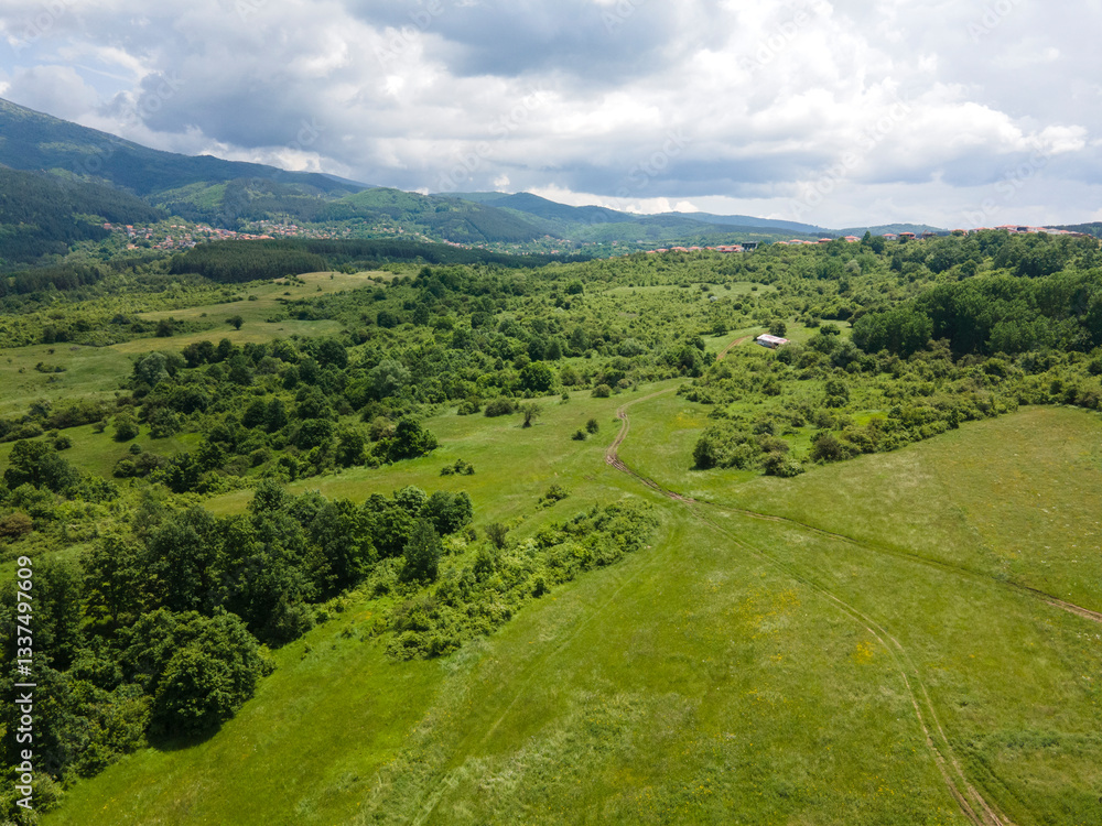 Obraz premium Aerial view of Vitosha Mountain near Village of Rudartsi, Bulgaria