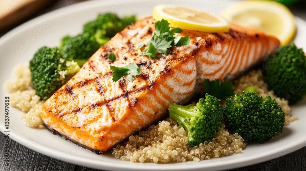 Elegant grilled salmon presentation, showcasing culinary artistry with vibrant broccoli and quinoa Elegant grilled salmon presentation, showcasing culinary artistry with vibrant broccoli and quinoa